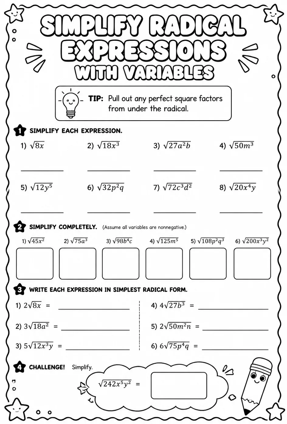 Simplify radical expressions with variables — free printable Algebra 1 math worksheet