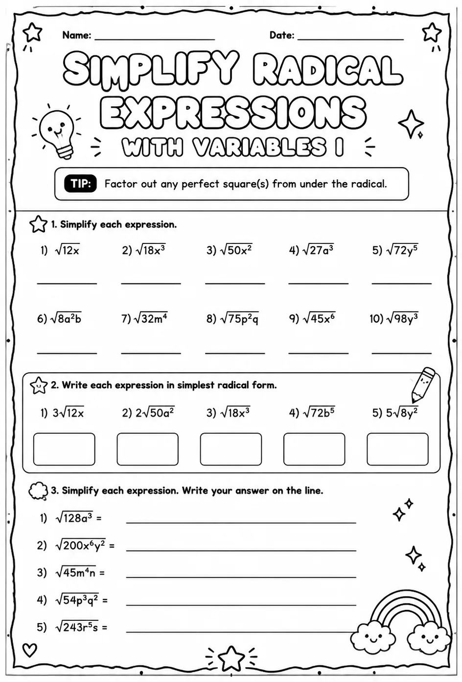Simplify radical expressions with variables I — free printable Algebra 2 math worksheet