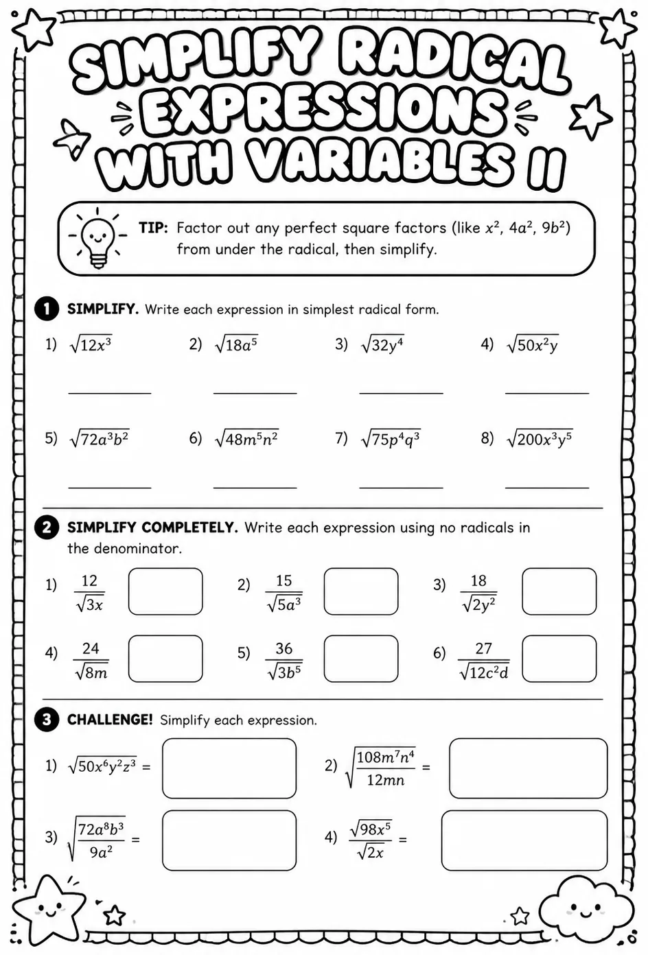 Simplify radical expressions with variables II — free printable Algebra 2 math worksheet