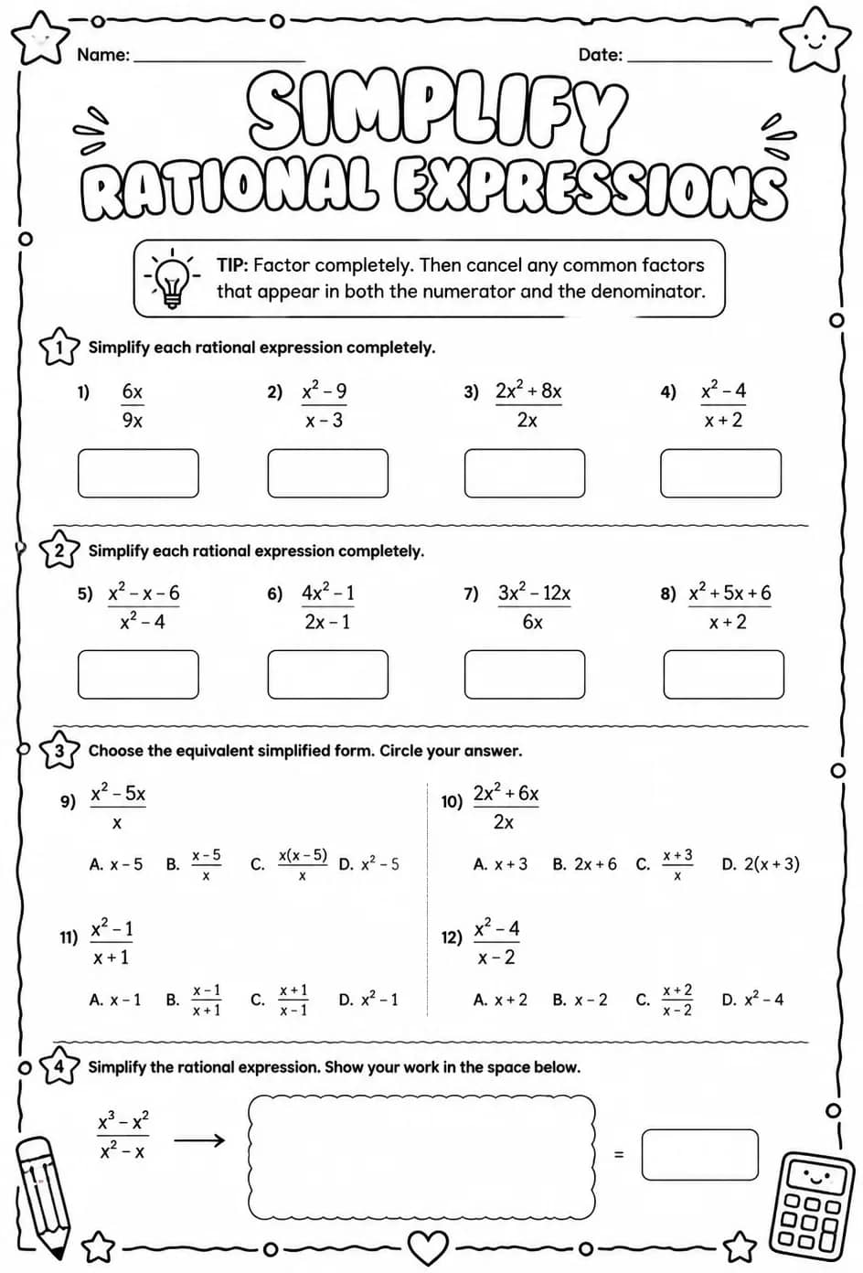 Simplify rational expressions — free printable Algebra 1 math worksheet