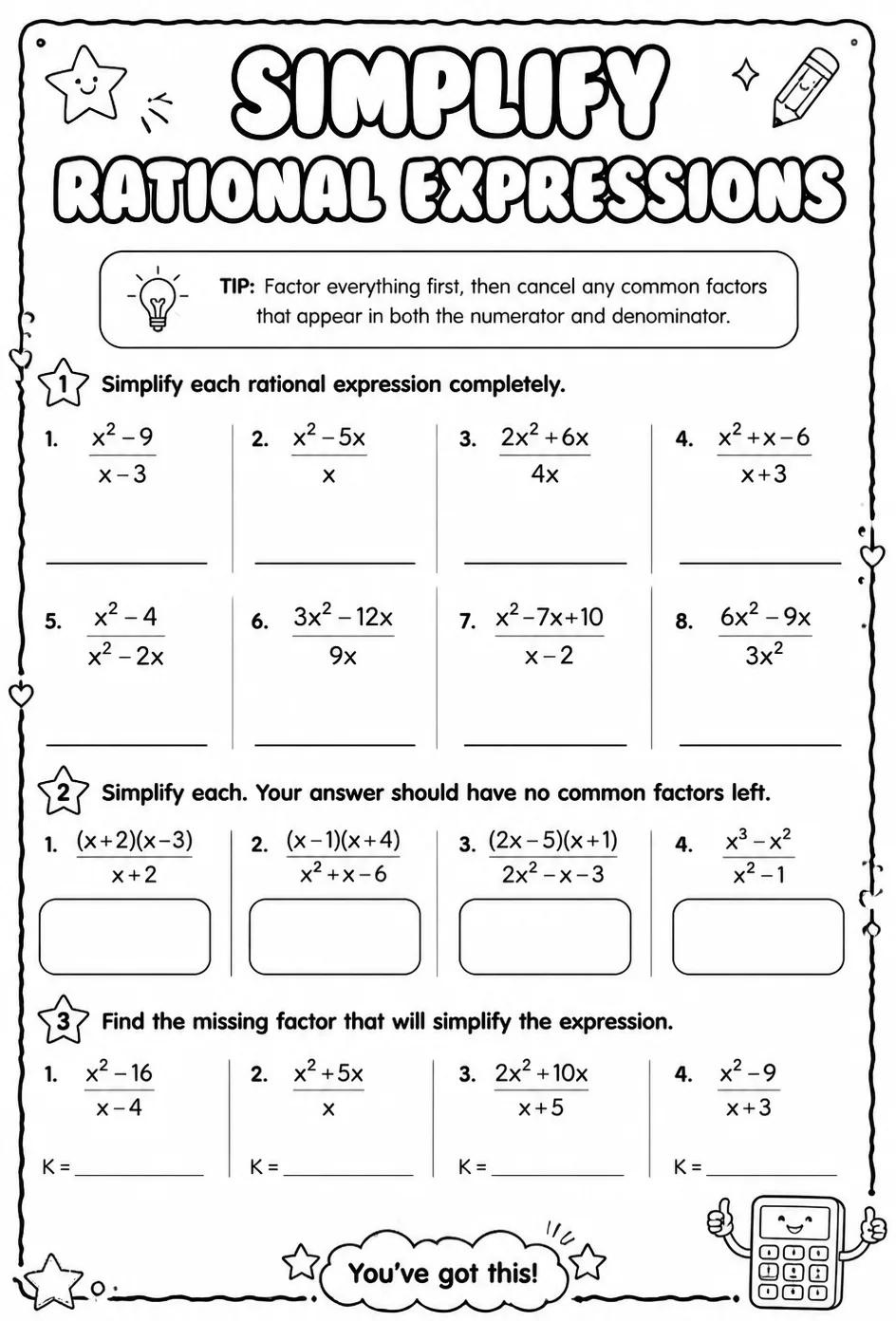 Simplify rational expressions — free printable Algebra 2 math worksheet