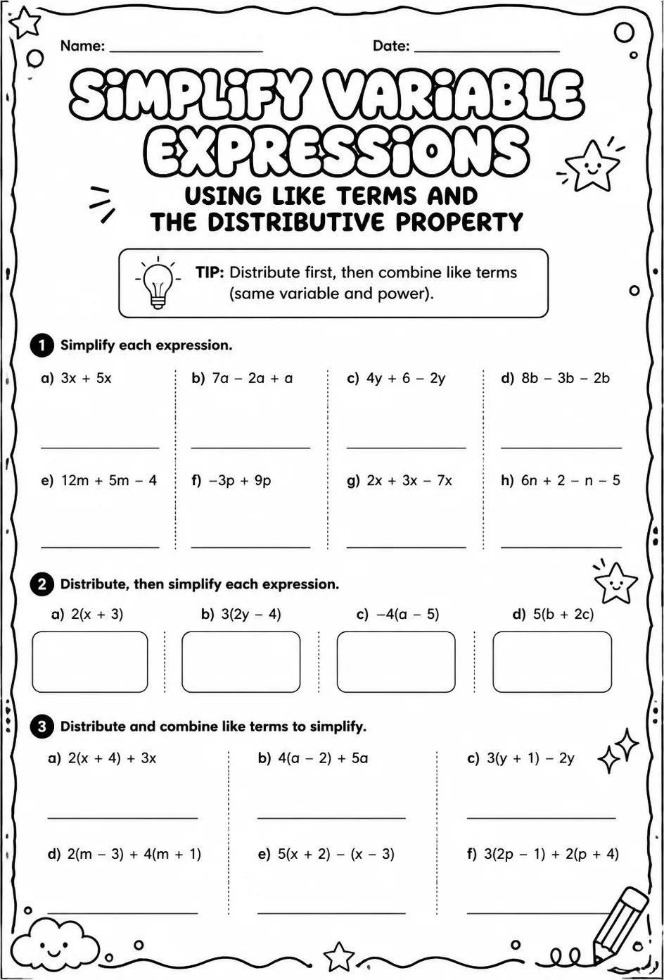 Simplify variable expressions involving like terms and the distributive property — free printable Algebra 1 math worksheet