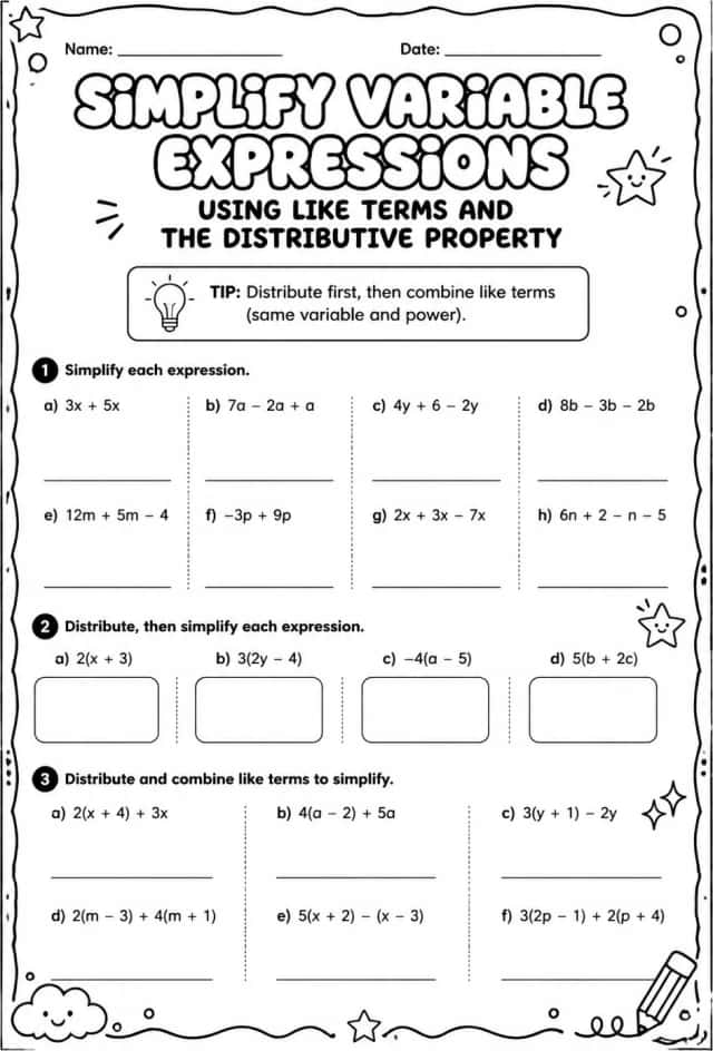 Simplify variable expressions involving like terms and the distributive property