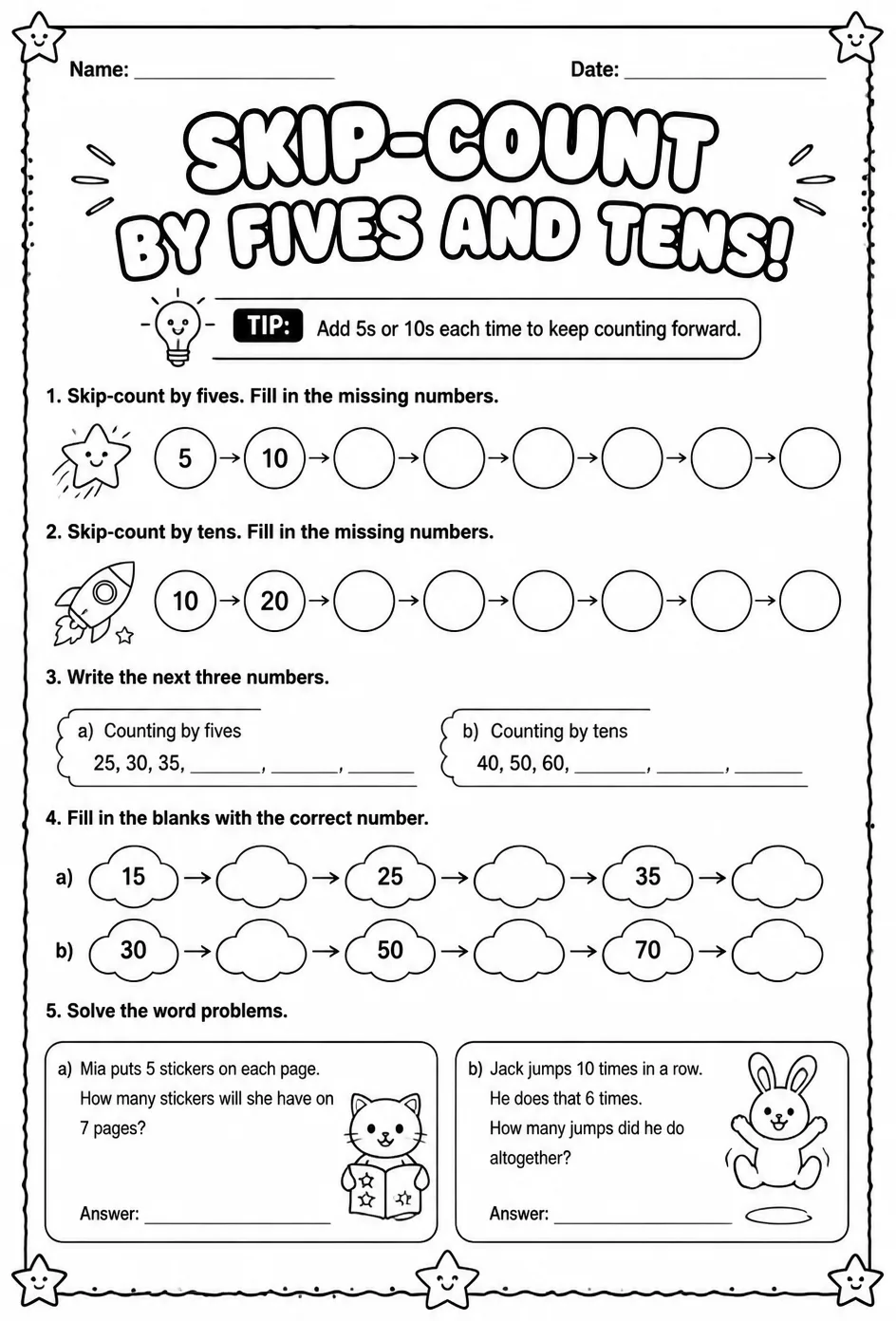 Skip-count by fives and tens — free printable Grade 2 math worksheet