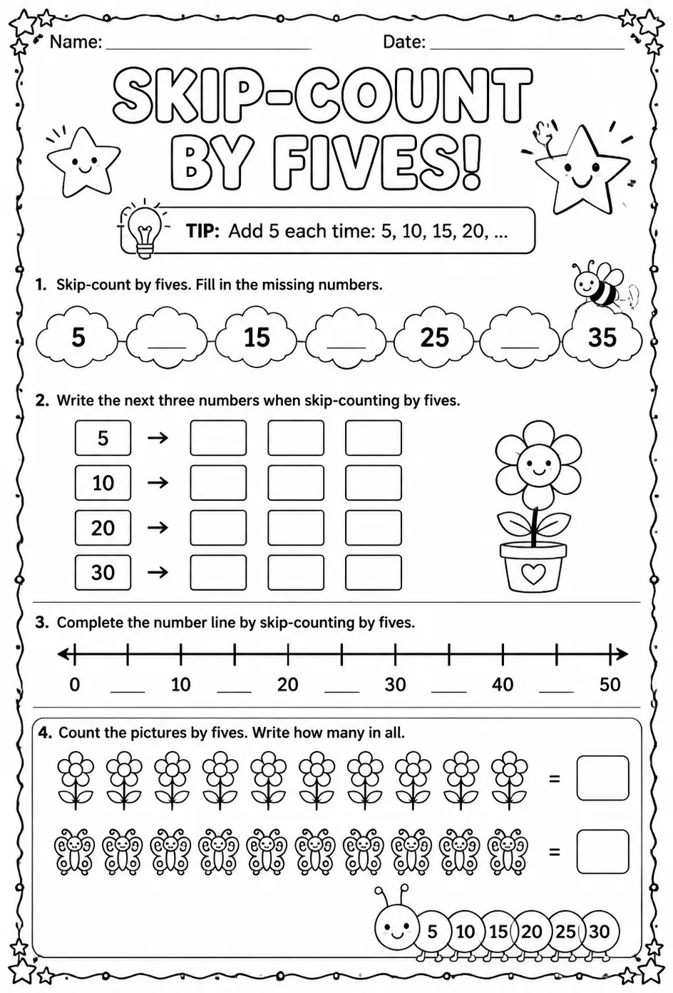 Skip-count by fives — free printable Grade 1 math worksheet