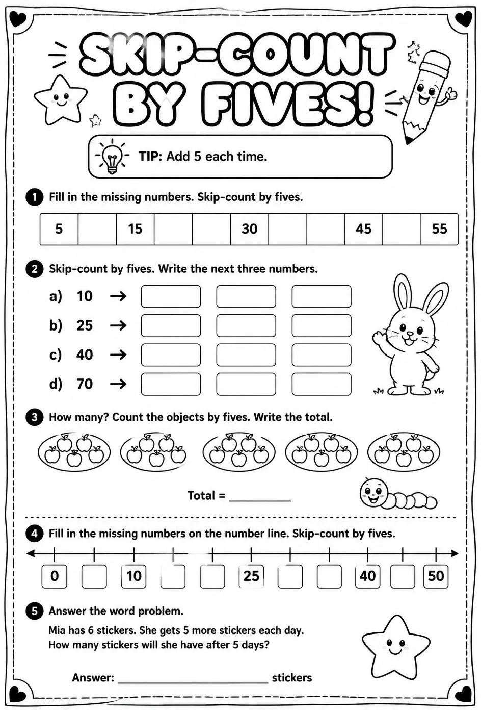 Skip-count by fives — free printable Grade 2 math worksheet