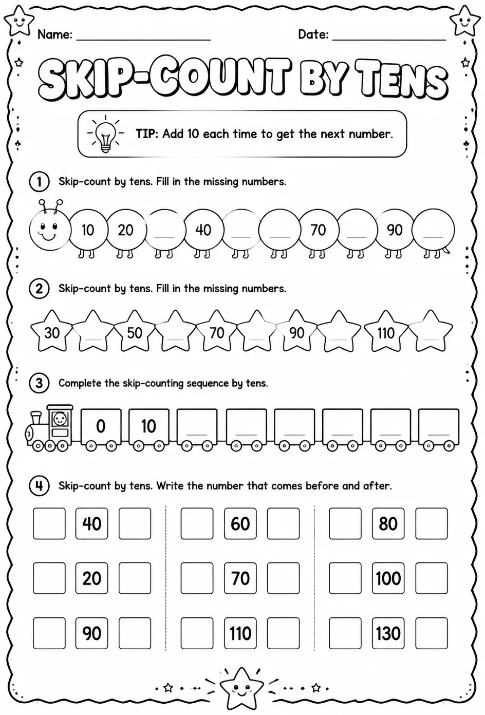 Skip-count by tens — free printable Grade 1 math worksheet