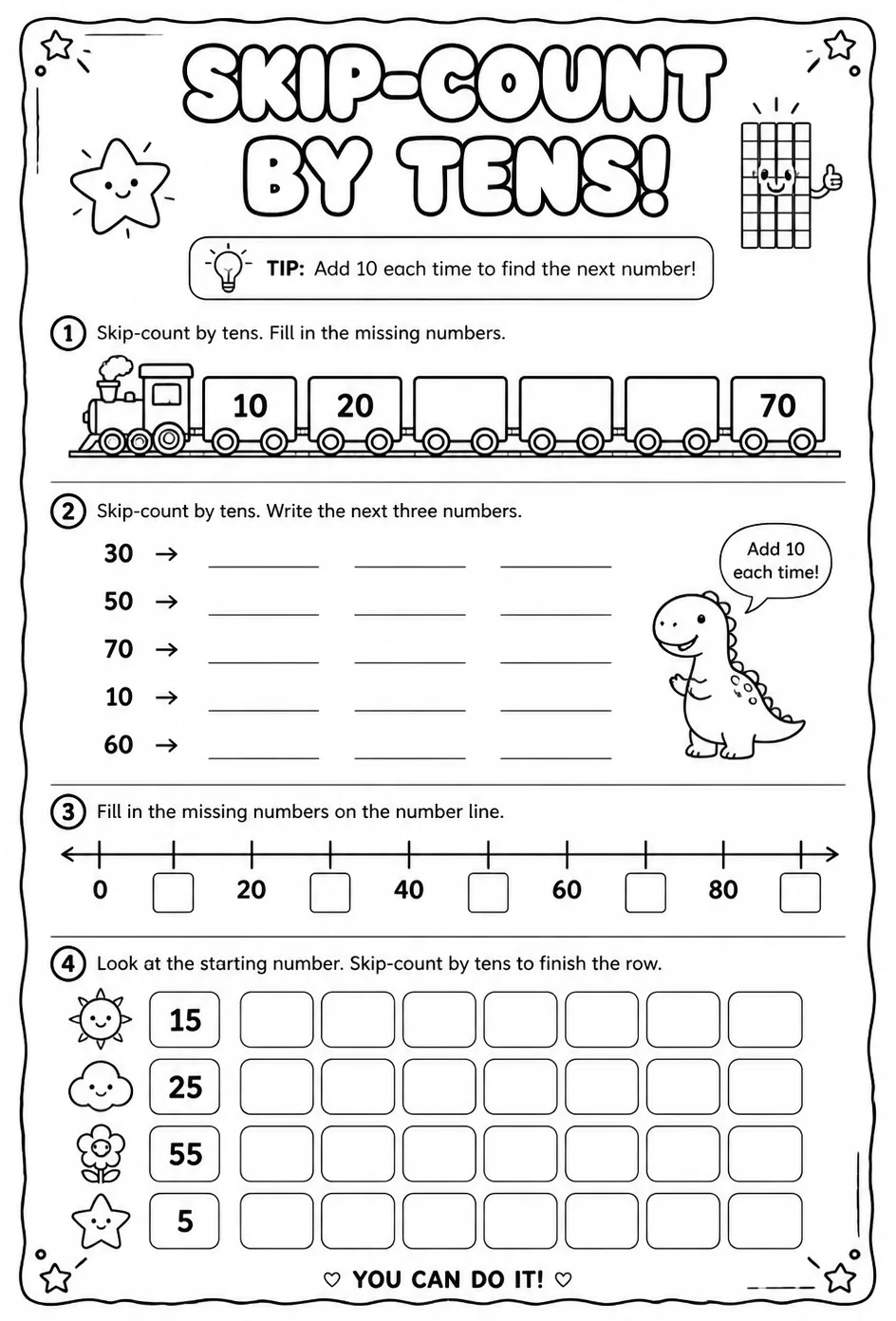 Skip-count by tens — free printable Grade 2 math worksheet