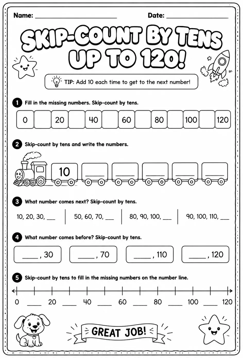 Skip-count by tens - up to 120 — free printable Grade 1 math worksheet