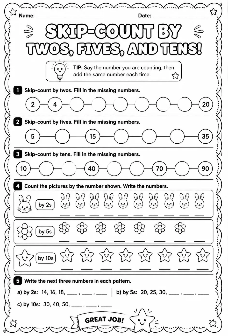 Skip-count by twos, fives, and tens — free printable Grade 1 math worksheet