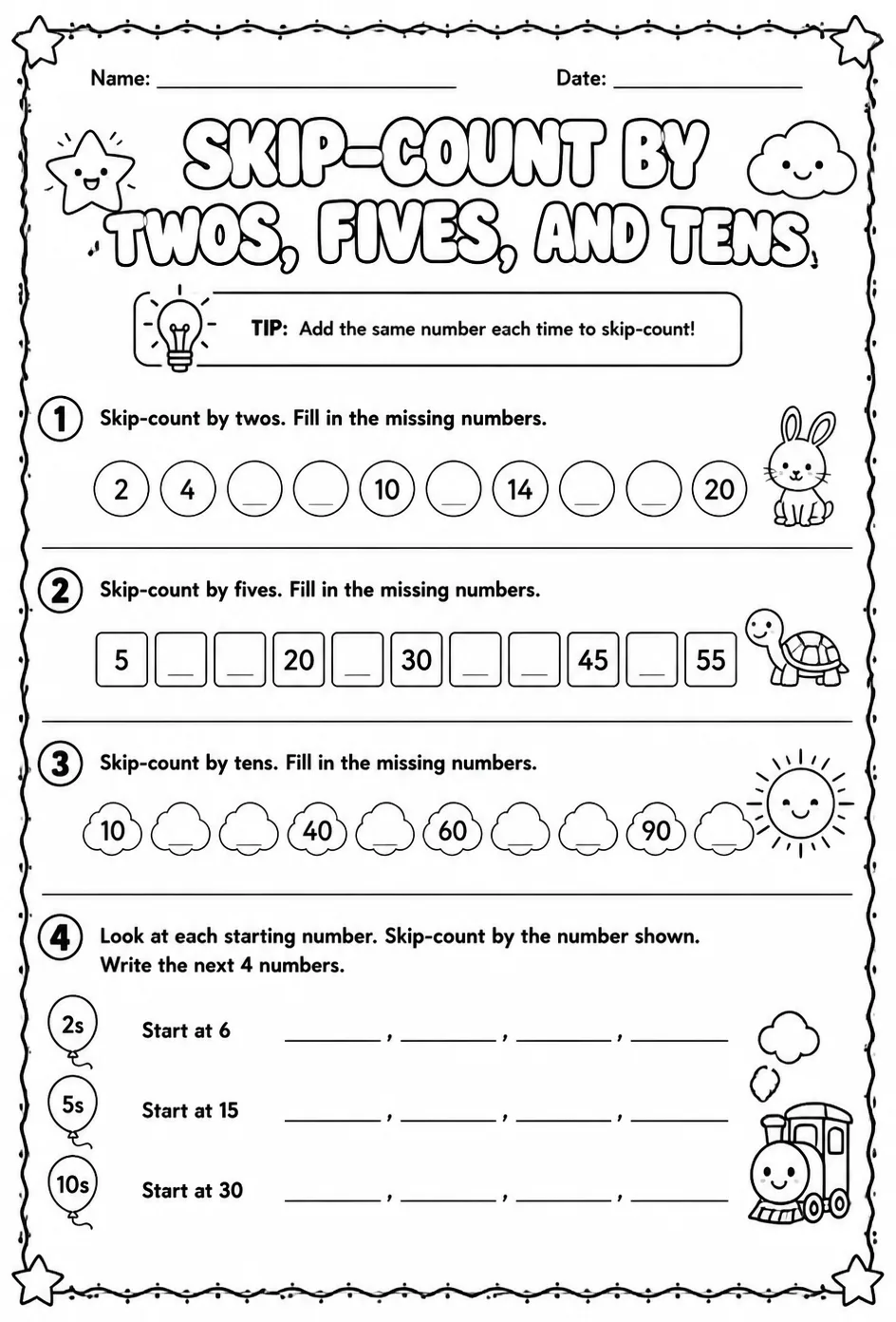 Skip-count by twos, fives, and tens — free printable Grade 2 math worksheet