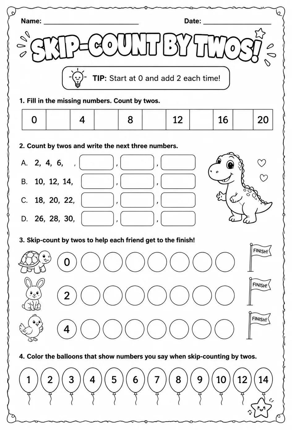 Skip-count by twos — free printable Grade 1 math worksheet