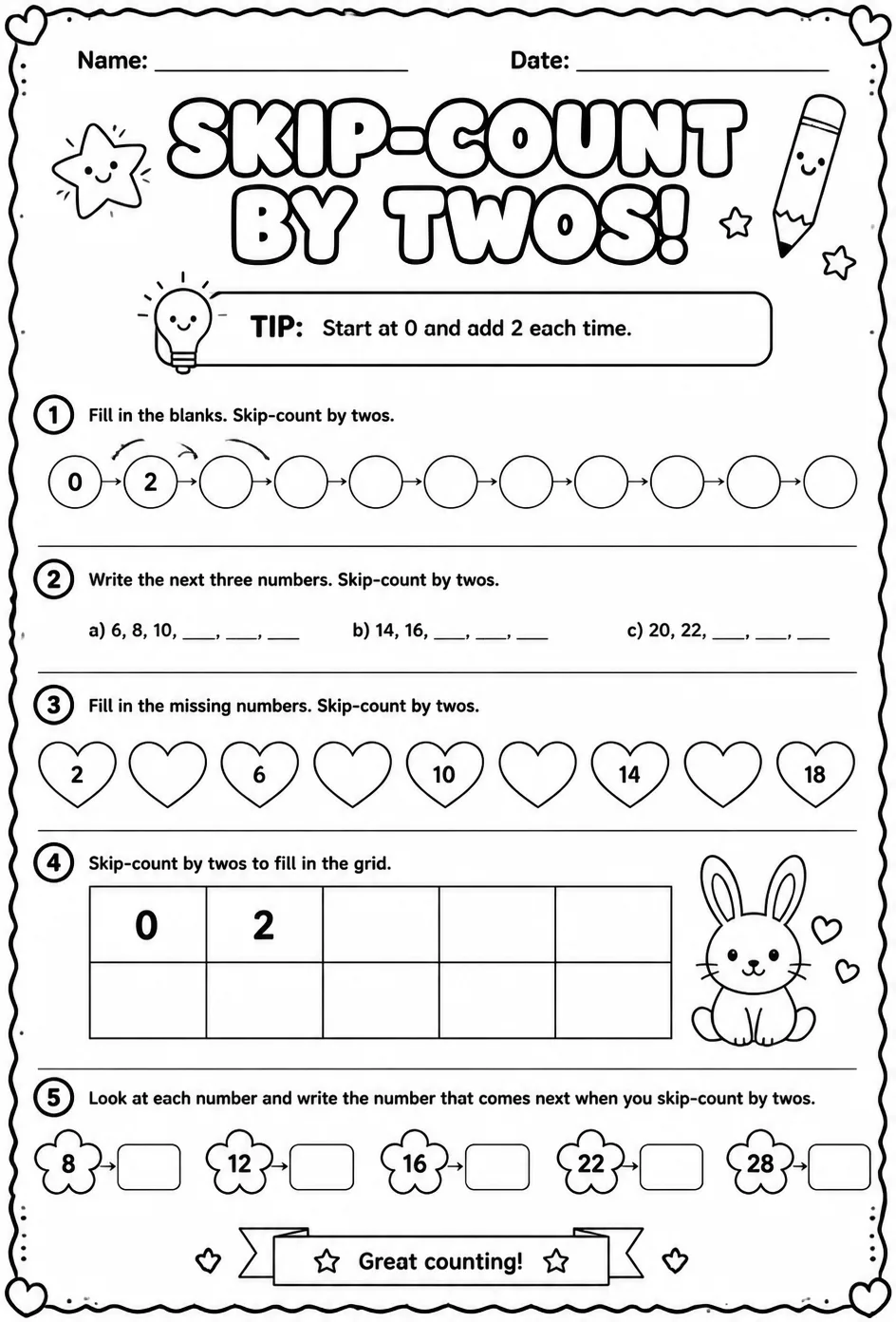 Skip-count by twos — free printable Grade 2 math worksheet