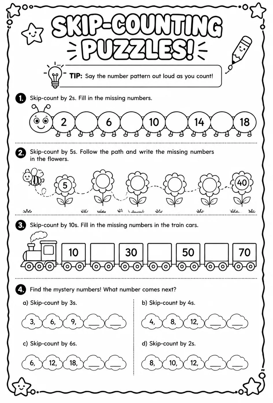 Skip-counting puzzles — free printable Grade 2 math worksheet