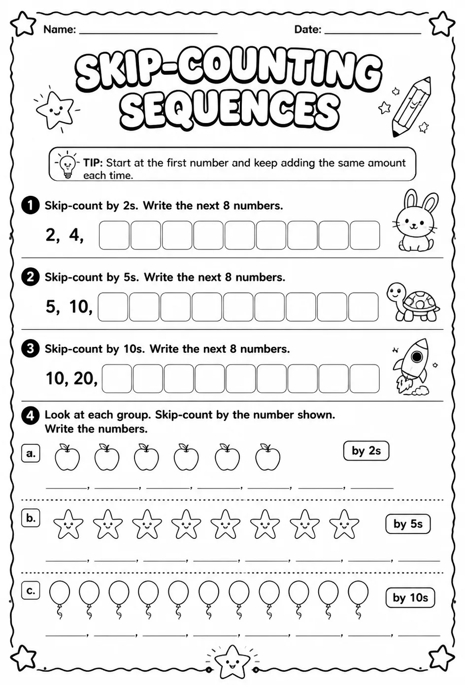 Skip-counting sequences — free printable Grade 2 math worksheet