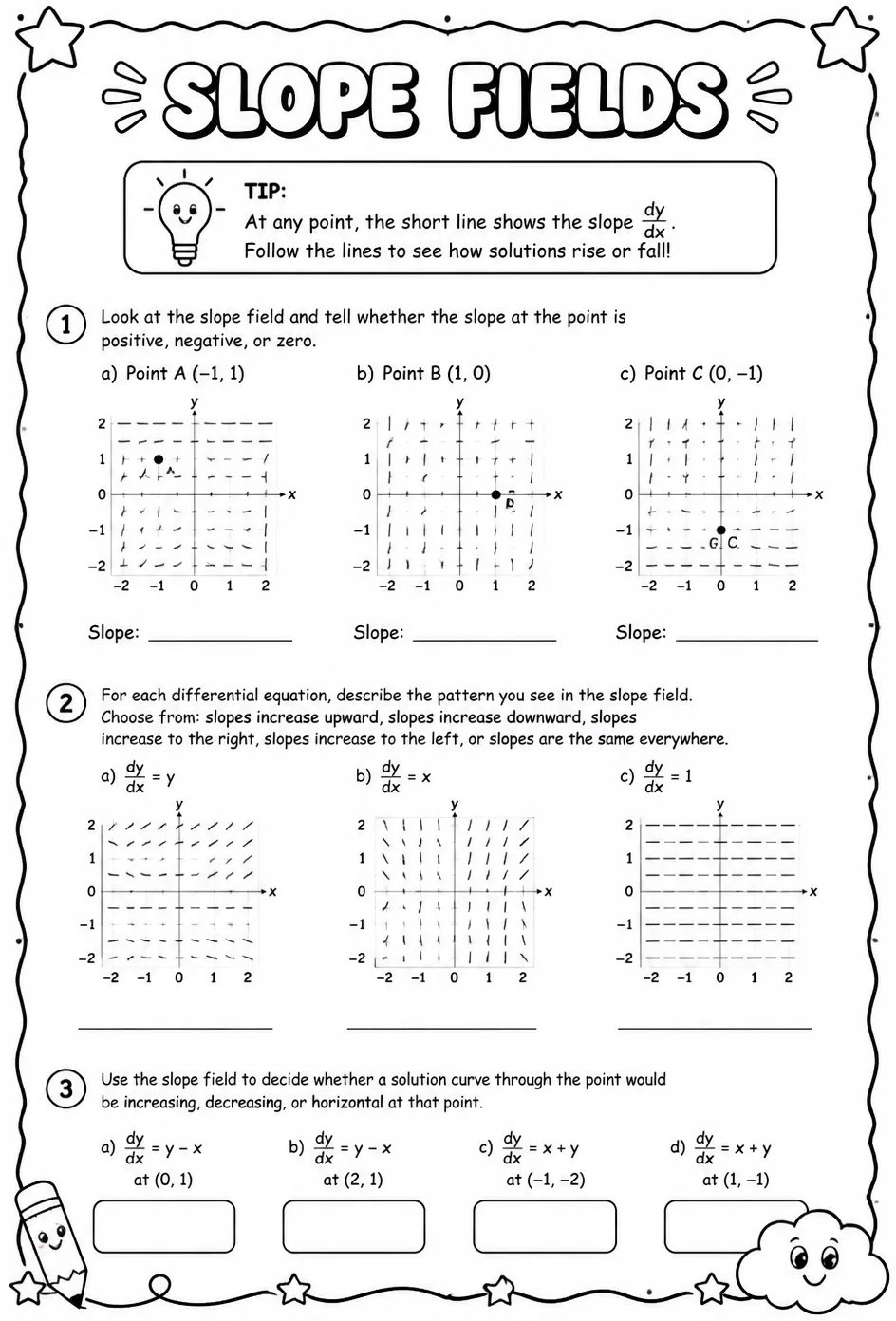 Slope fields — free printable Calculus math worksheet