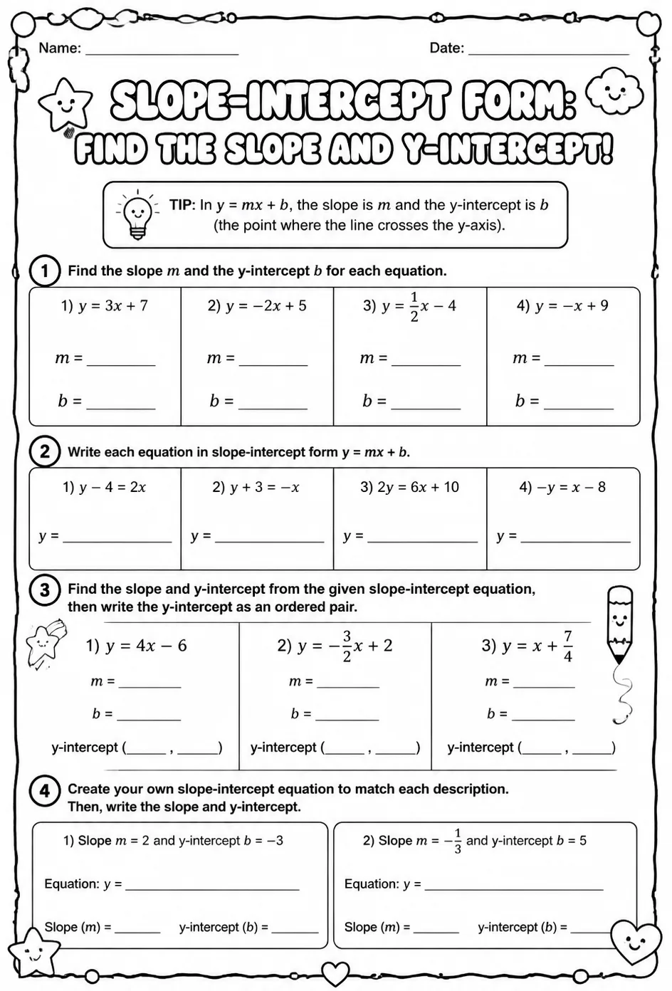 Slope-intercept form: find the slope and y-intercept — free printable Algebra 1 math worksheet