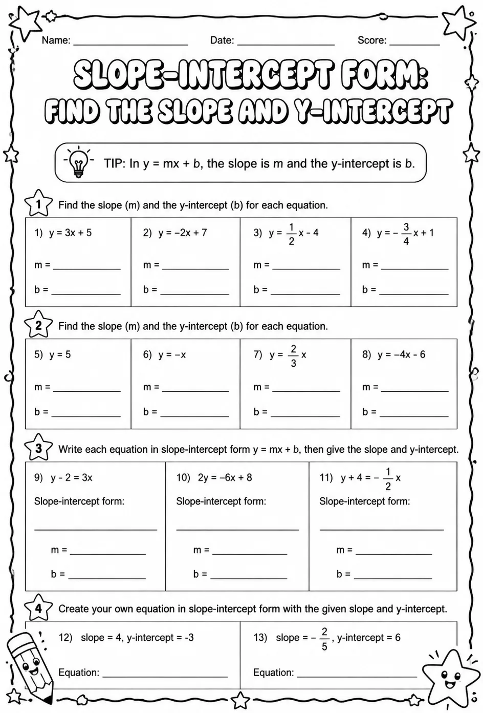 Slope-intercept form: find the slope and y-intercept — free printable Grade 8 math worksheet