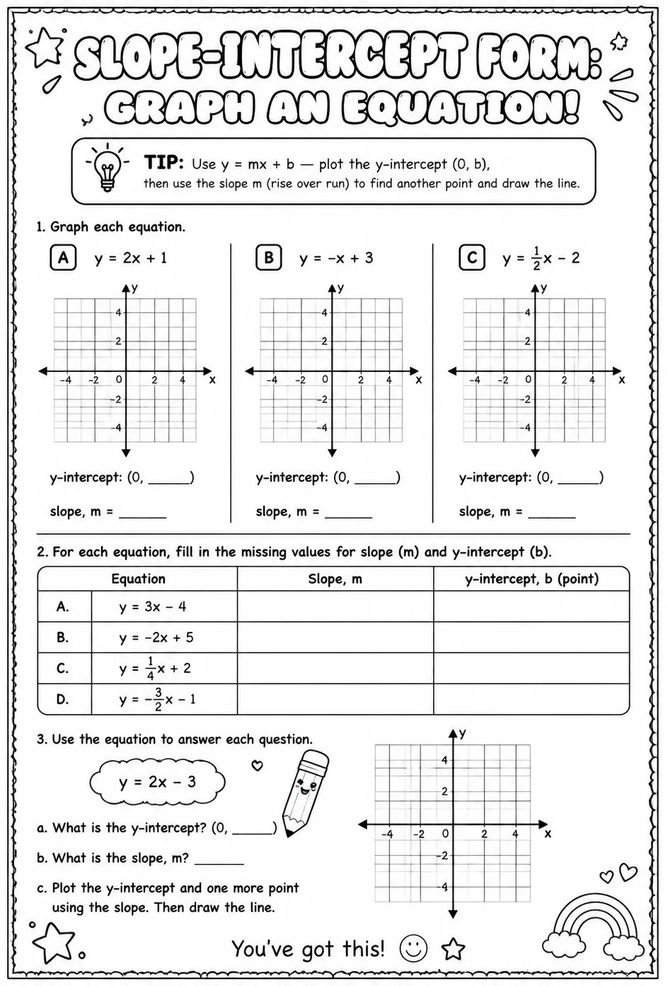 Slope-intercept form: graph an equation — free printable Algebra 1 math worksheet