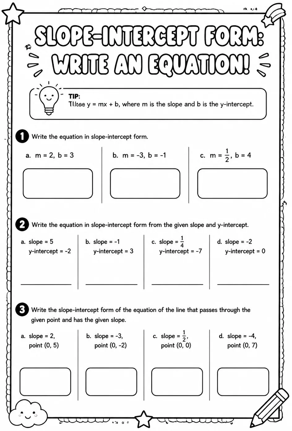 Slope-intercept form: write an equation — free printable Algebra 1 math worksheet