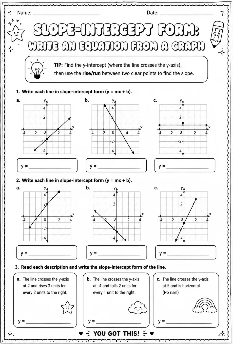 Slope-intercept form: write an equation from a graph — free printable Algebra 1 math worksheet