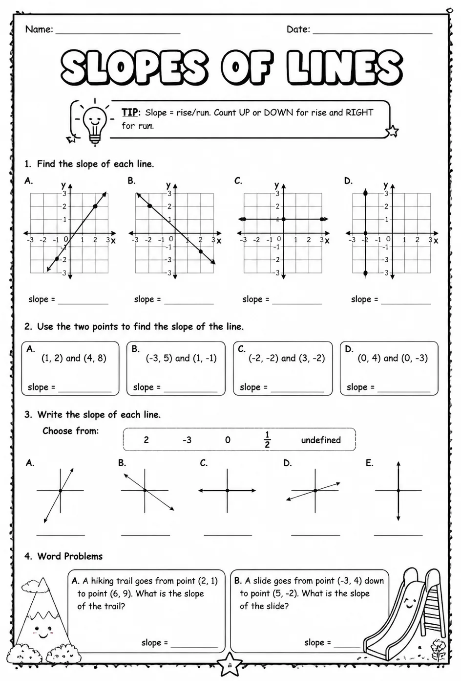 Slopes of lines — free printable Geometry math worksheet