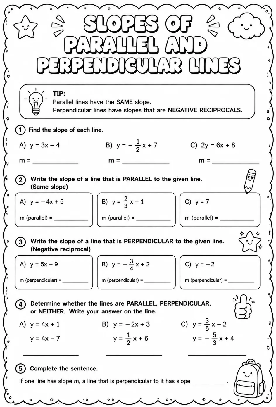 Slopes of parallel and perpendicular lines — free printable Algebra 1 math worksheet
