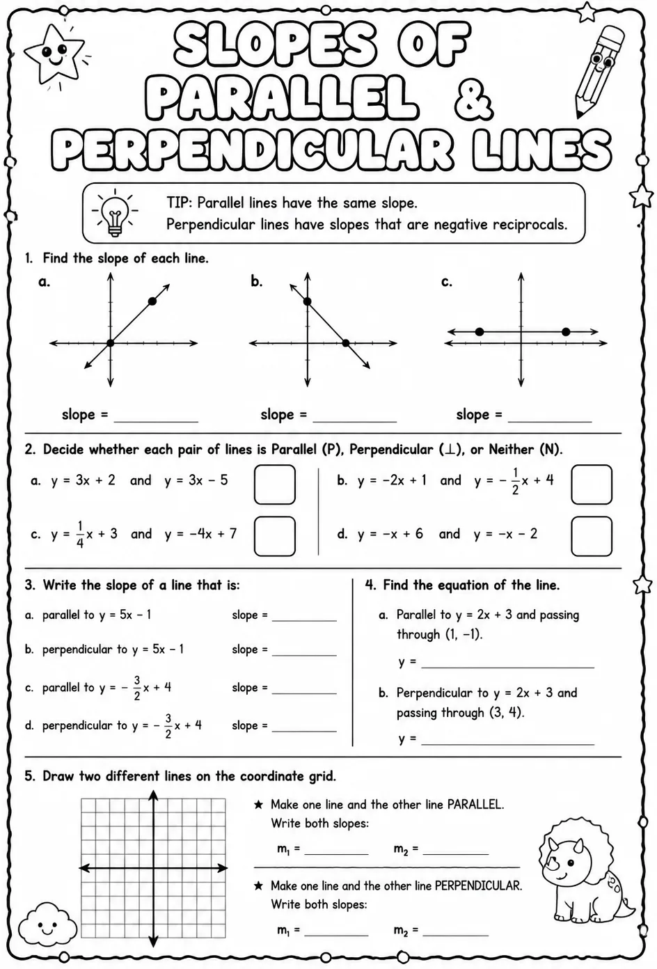 Slopes of parallel and perpendicular lines — free printable Geometry math worksheet