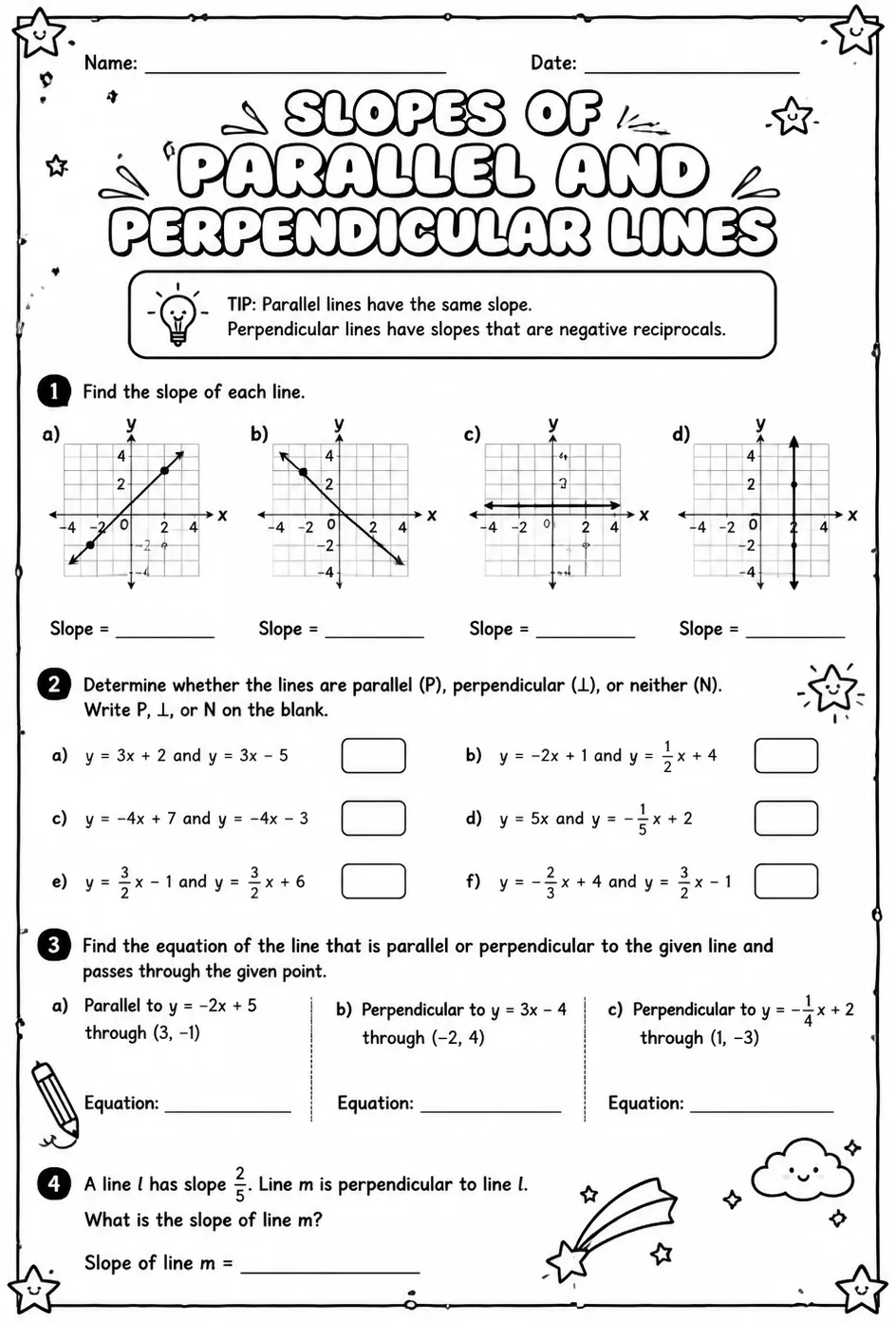 Slopes of parallel and perpendicular lines — free printable Grade 8 math worksheet