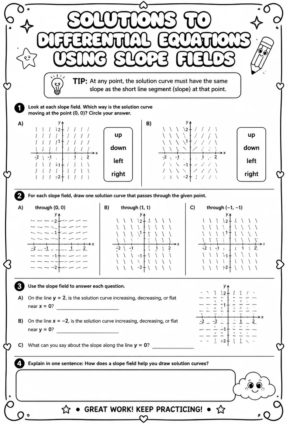 Solutions to differential equations using slope fields — free printable Calculus math worksheet