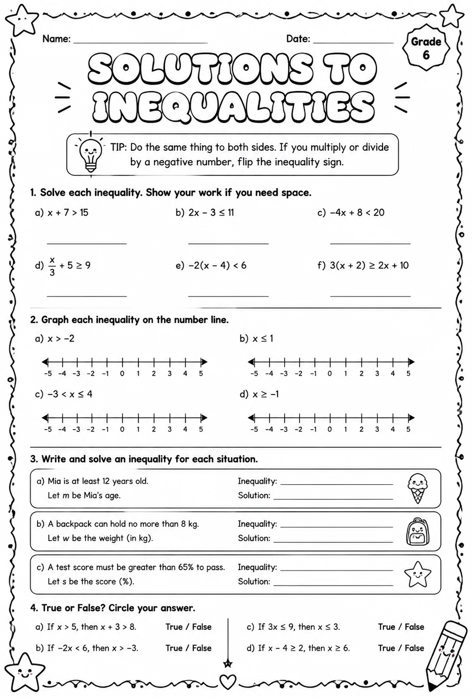 Solutions to inequalities — free printable Grade 6 math worksheet