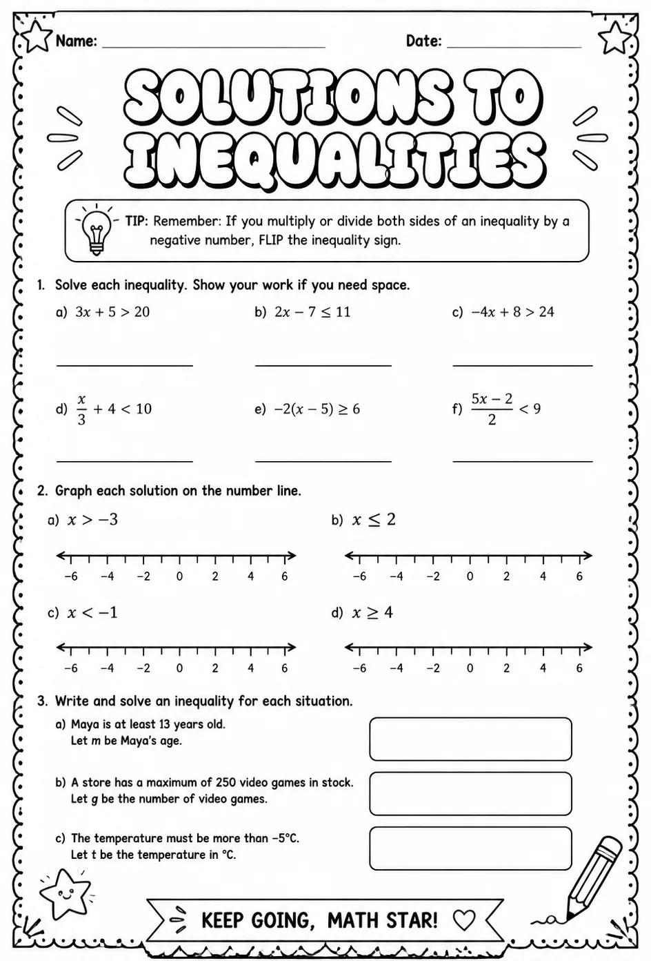 Solutions to inequalities — free printable Grade 7 math worksheet