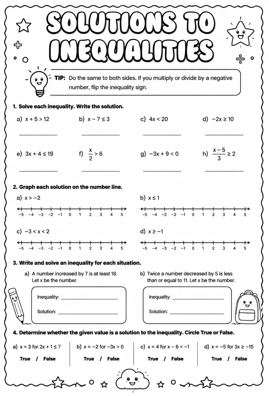Solutions to inequalities — free printable Grade 8 math worksheet
