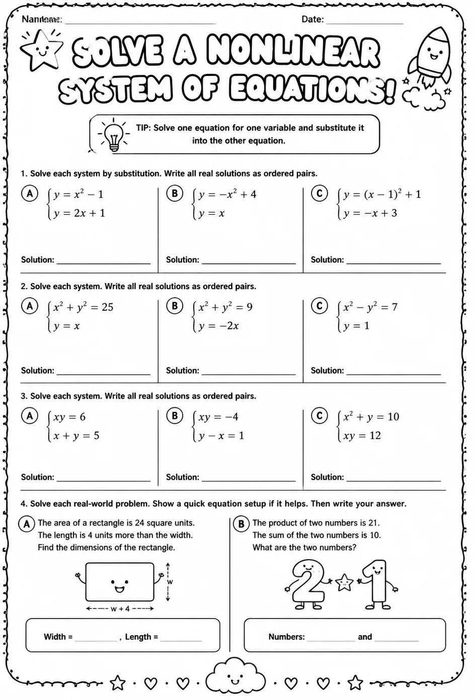 Solve a nonlinear system of equations — free printable Algebra 2 math worksheet