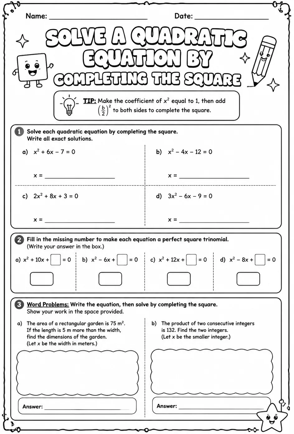 Solve a quadratic equation by completing the square — free printable Algebra 2 math worksheet