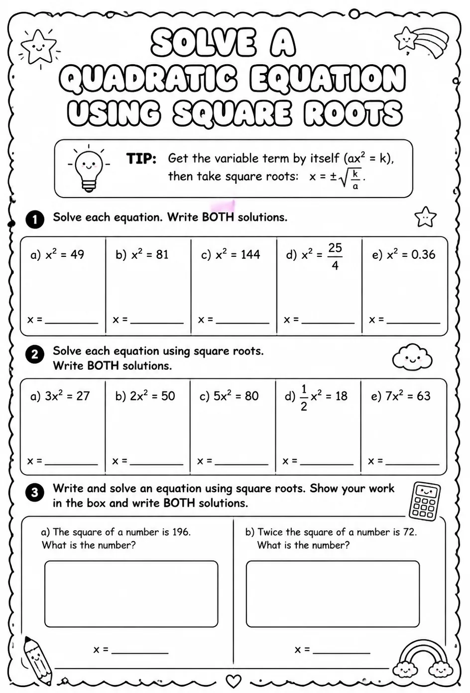 Solve a quadratic equation using square roots — free printable Algebra 2 math worksheet