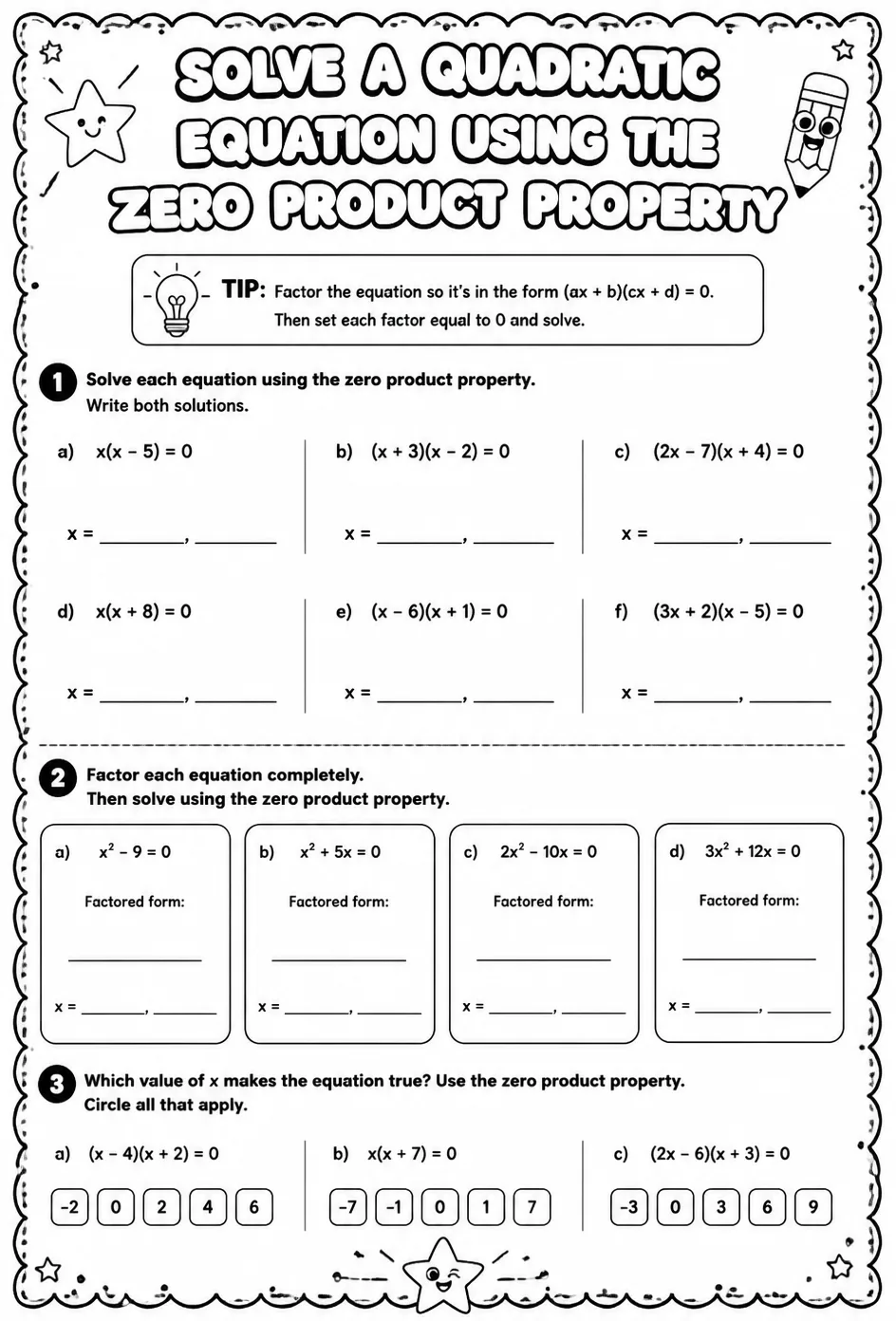 Solve a quadratic equation using the zero product property — free printable Algebra 2 math worksheet