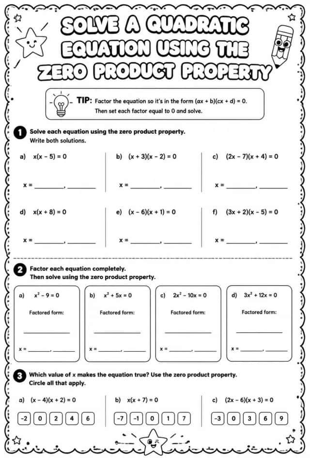 Solve a quadratic equation using the zero product property