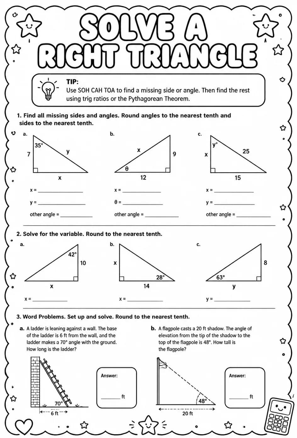 Solve a right triangle — free printable Algebra 2 math worksheet