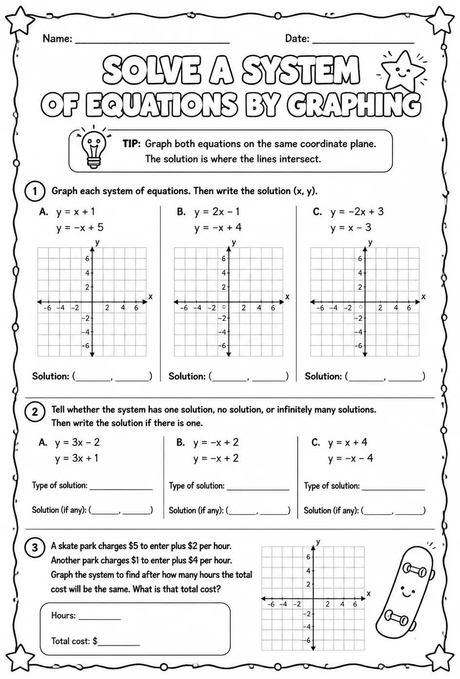 Solve a system of equations by graphing — free printable Algebra 1 math worksheet