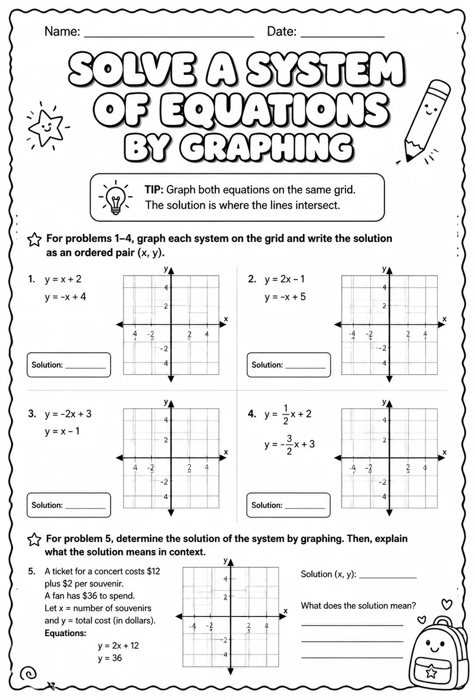 Solve a system of equations by graphing — free printable Algebra 2 math worksheet