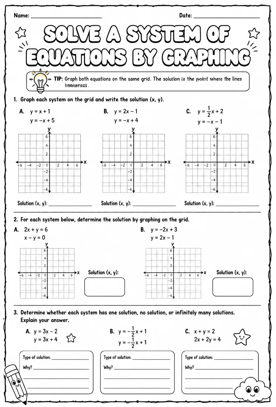 Solve a system of equations by graphing — free printable Grade 8 math worksheet