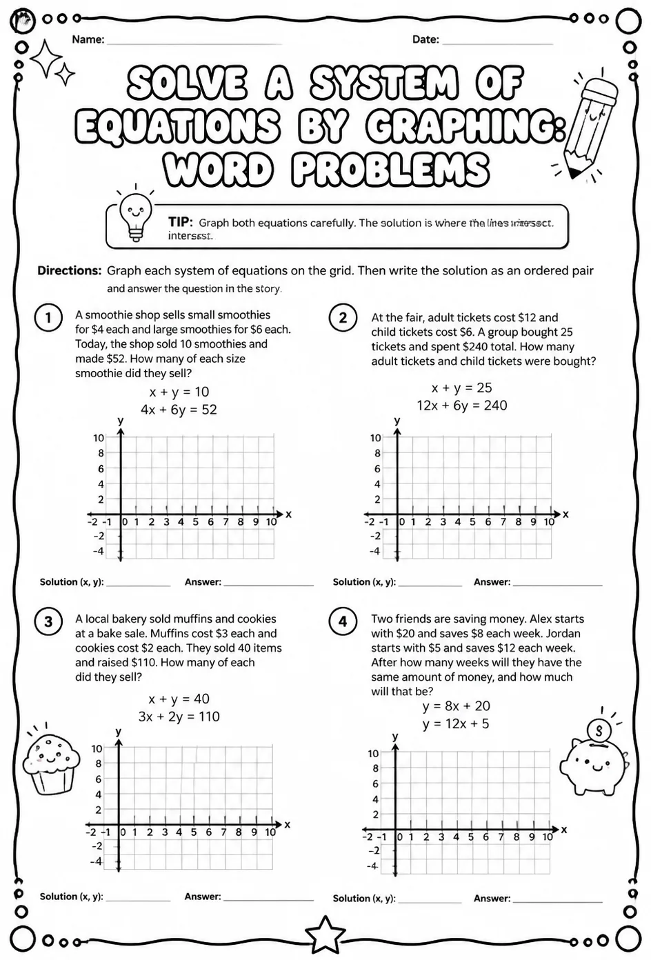 Solve a system of equations by graphing: word problems — free printable Algebra 1 math worksheet