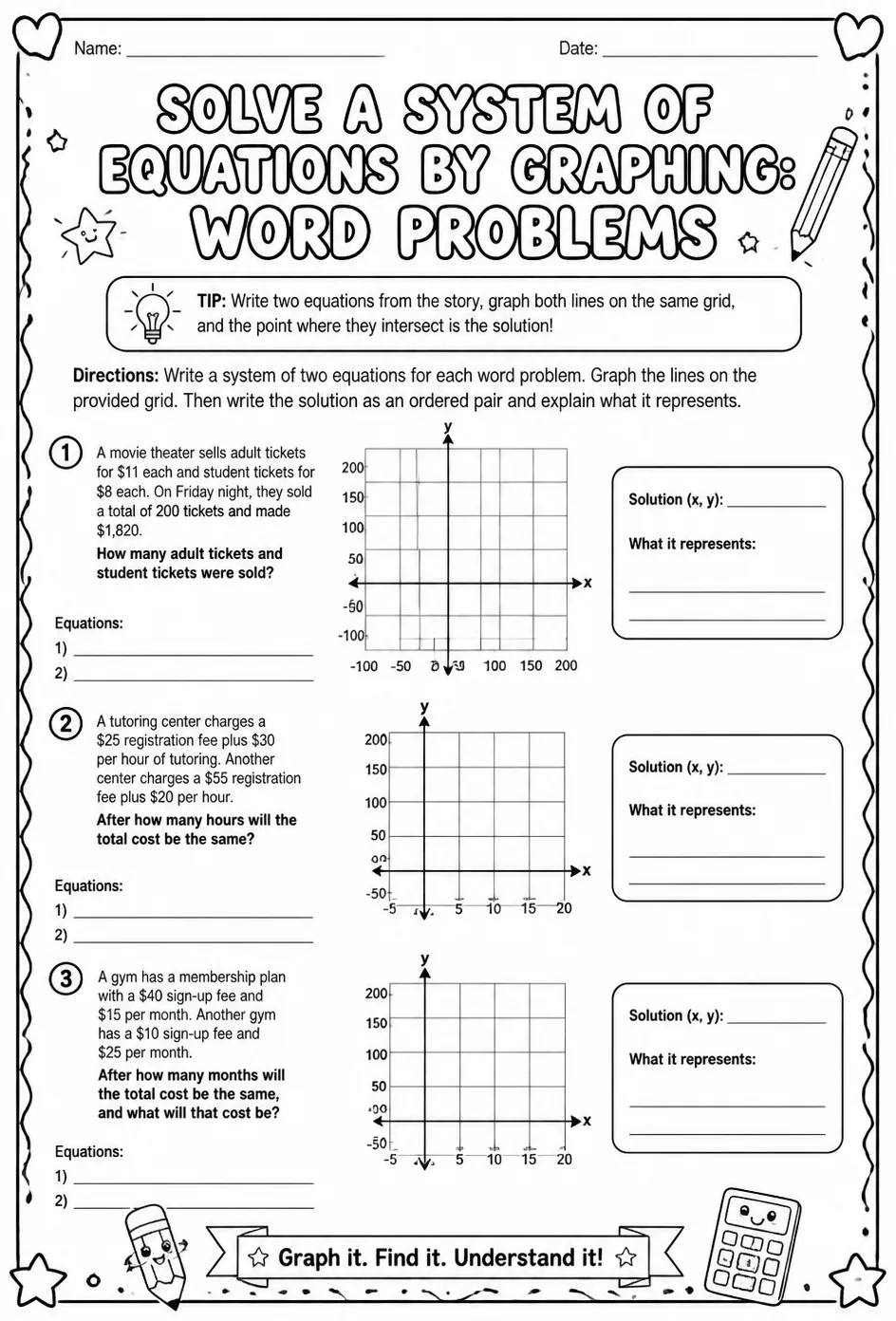 Solve a system of equations by graphing: word problems — free printable Algebra 2 math worksheet