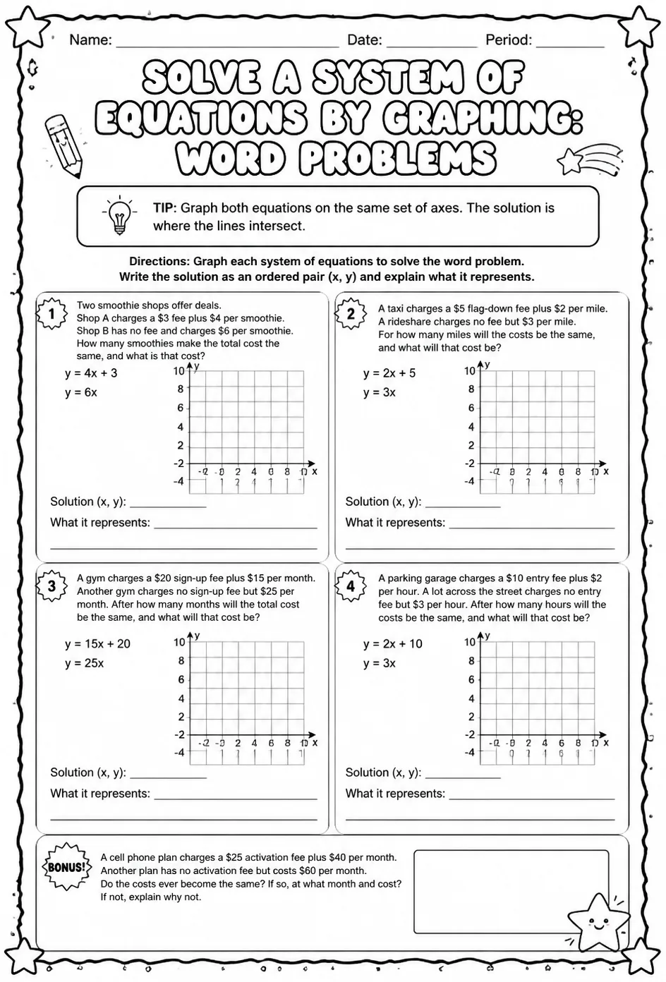Solve a system of equations by graphing: word problems — free printable Grade 8 math worksheet