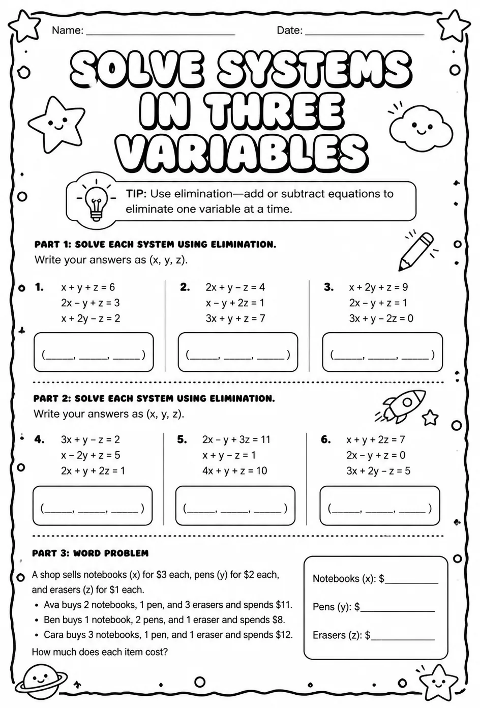 Solve a system of equations in three variables using elimination — free printable Algebra 2 math worksheet