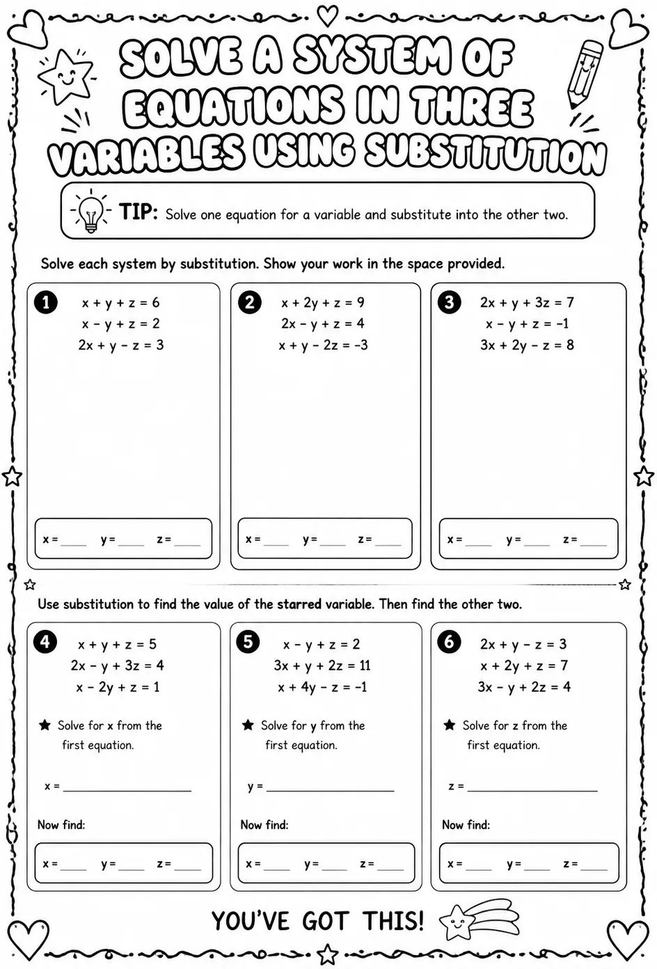 Solve a system of equations in three variables using substitution — free printable Algebra 2 math worksheet