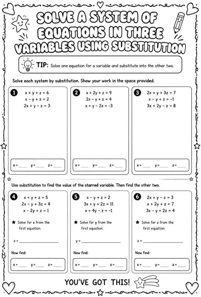 Solve a system of equations in three variables using substitution