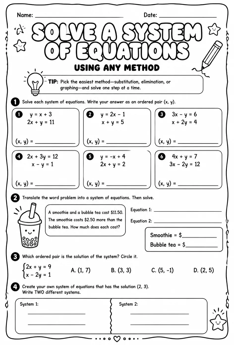 Solve a system of equations using any method — free printable Algebra 1 math worksheet