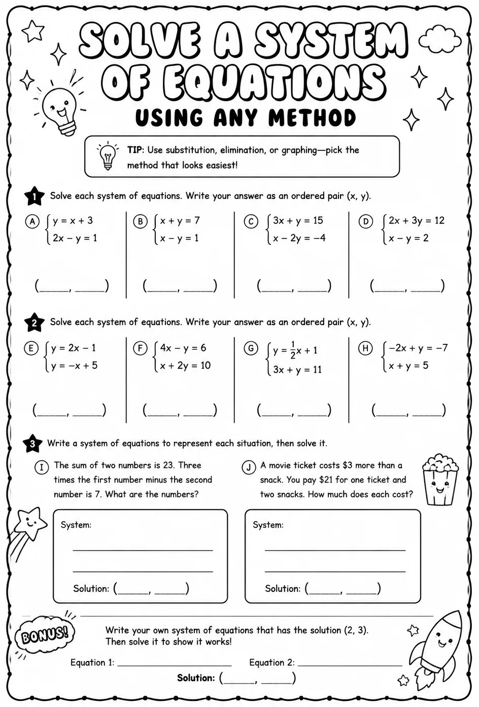 Solve a system of equations using any method — free printable Algebra 2 math worksheet